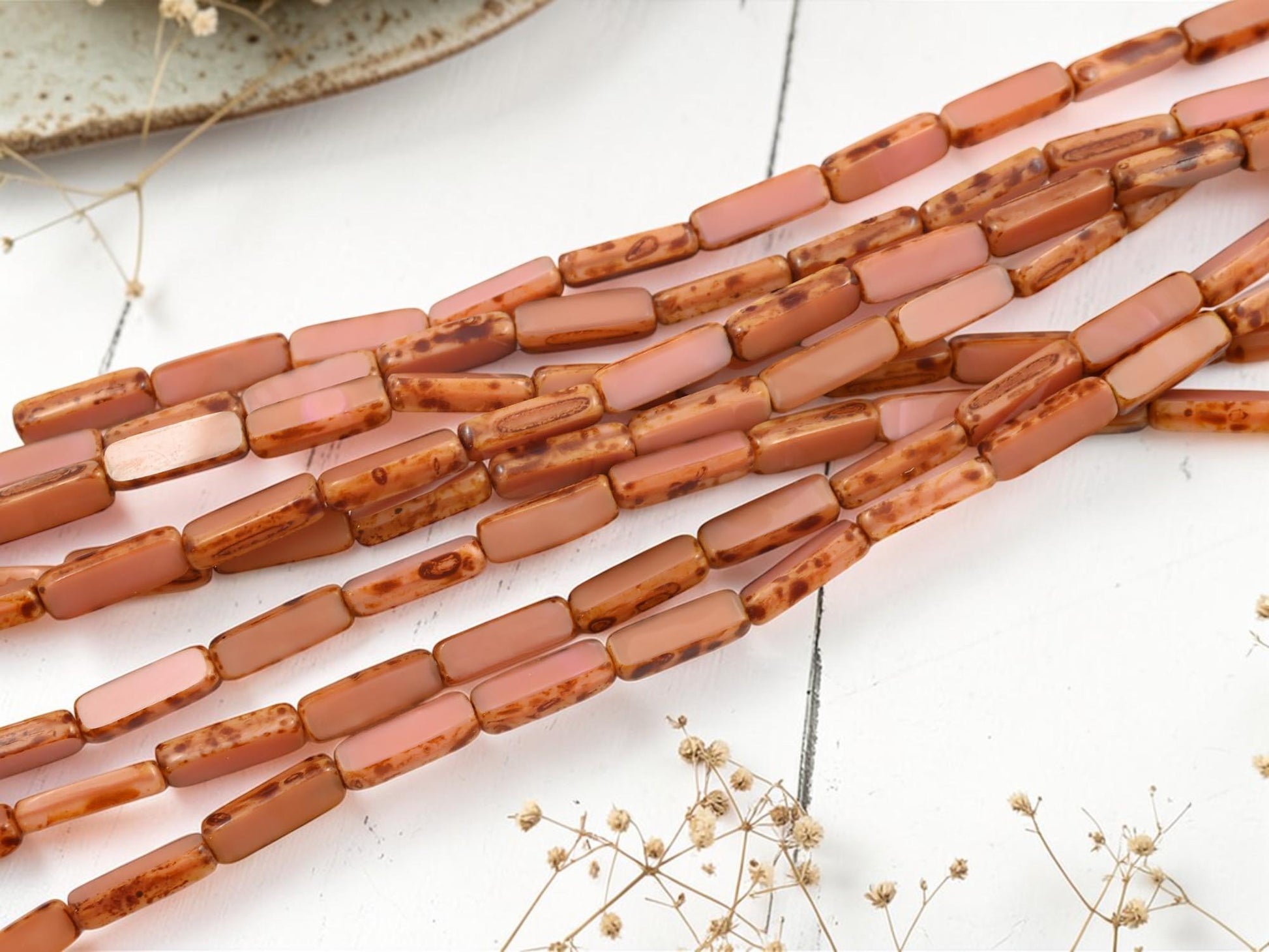 Old Stock Czech Picasso Glass Beads - Table Cut Rectangle Tube - 14x5mm - 13pcs (4276)