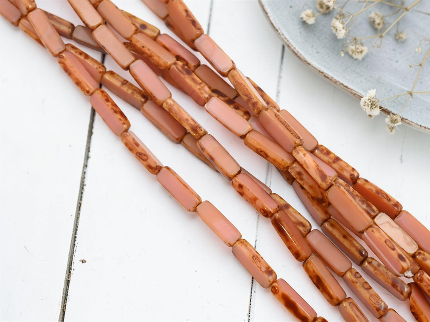 Old Stock Czech Picasso Glass Beads - Table Cut Rectangle Tube - 14x5mm - 13pcs (4276)