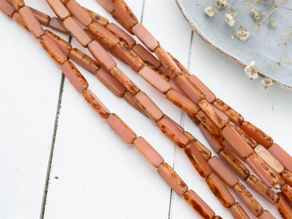 Old Stock Czech Picasso Glass Beads - Table Cut Rectangle Tube - 14x5mm - 13pcs (4276)