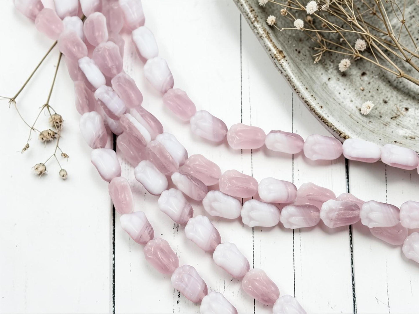 Czech Glass Tulip Flower Beads - Amethyst Purple + White - 12x8mm - 19pcs - (3920)