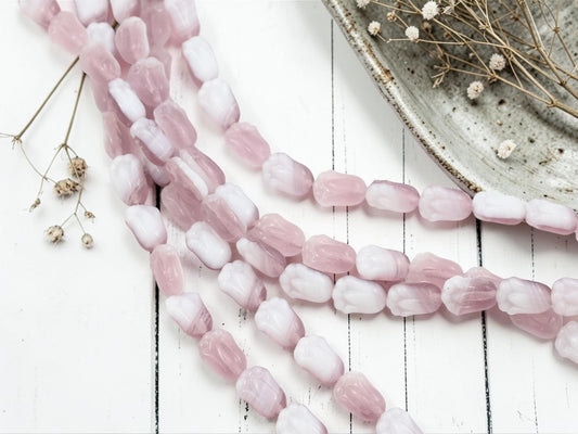 Czech Glass Tulip Flower Beads - Amethyst Purple + White - 12x8mm - 19pcs - (3920)