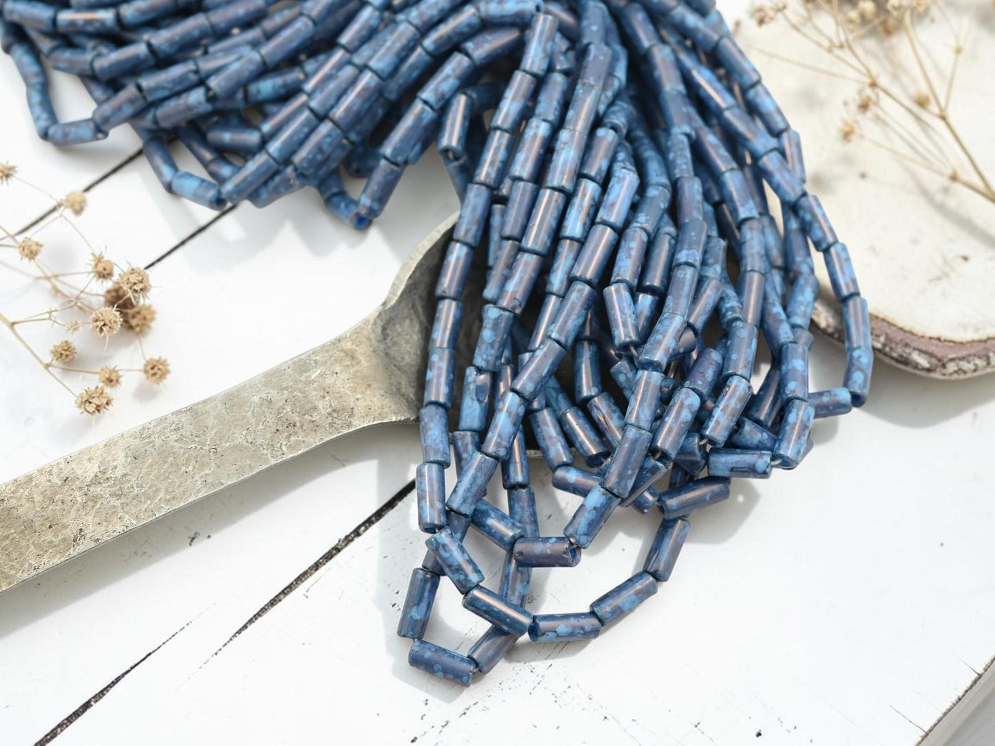 Aged Picasso Czech Glass Bugle Tube Beads - 9x4mm - 21" Strand - (5516)
