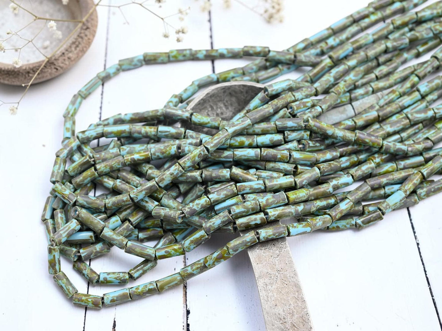 Aged Picasso Czech Glass Bugle Tube Beads - Blue Turquoise Picasso - 9x4mm - 20" Strand - (6180)