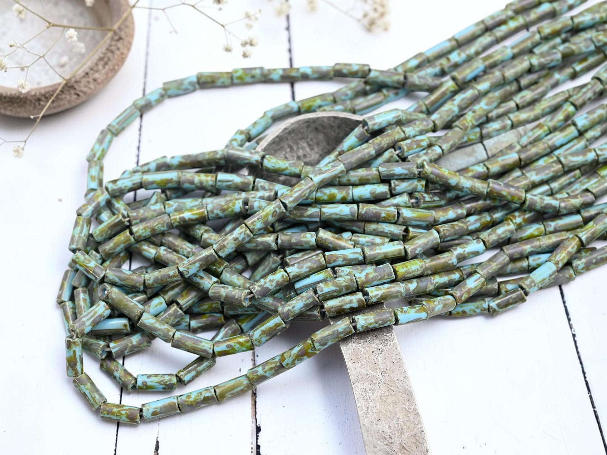 Aged Picasso Czech Glass Bugle Tube Beads - Blue Turquoise Picasso - 9x4mm - 20" Strand - (6180)