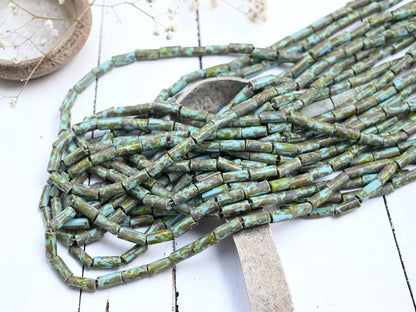 Aged Picasso Czech Glass Bugle Tube Beads - Blue Turquoise Picasso - 9x4mm - 20" Strand - (6180)