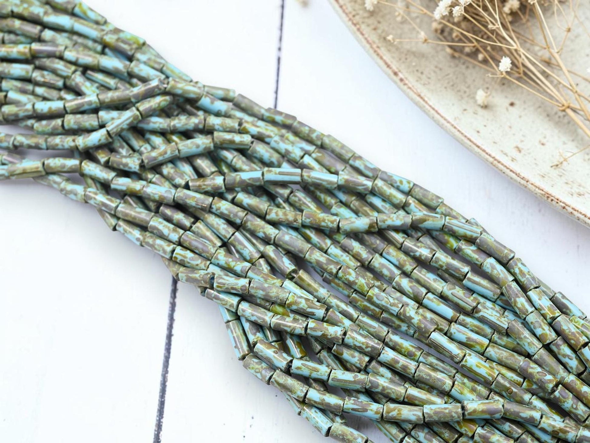 Aged Picasso Czech Glass Bugle Tube Beads - Blue Turquoise Picasso - 9x4mm - 20" Strand - (6180)