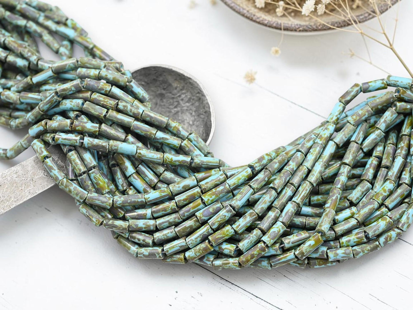 Aged Picasso Czech Glass Bugle Tube Beads - Blue Turquoise Picasso - 9x4mm - 20" Strand - (6180)