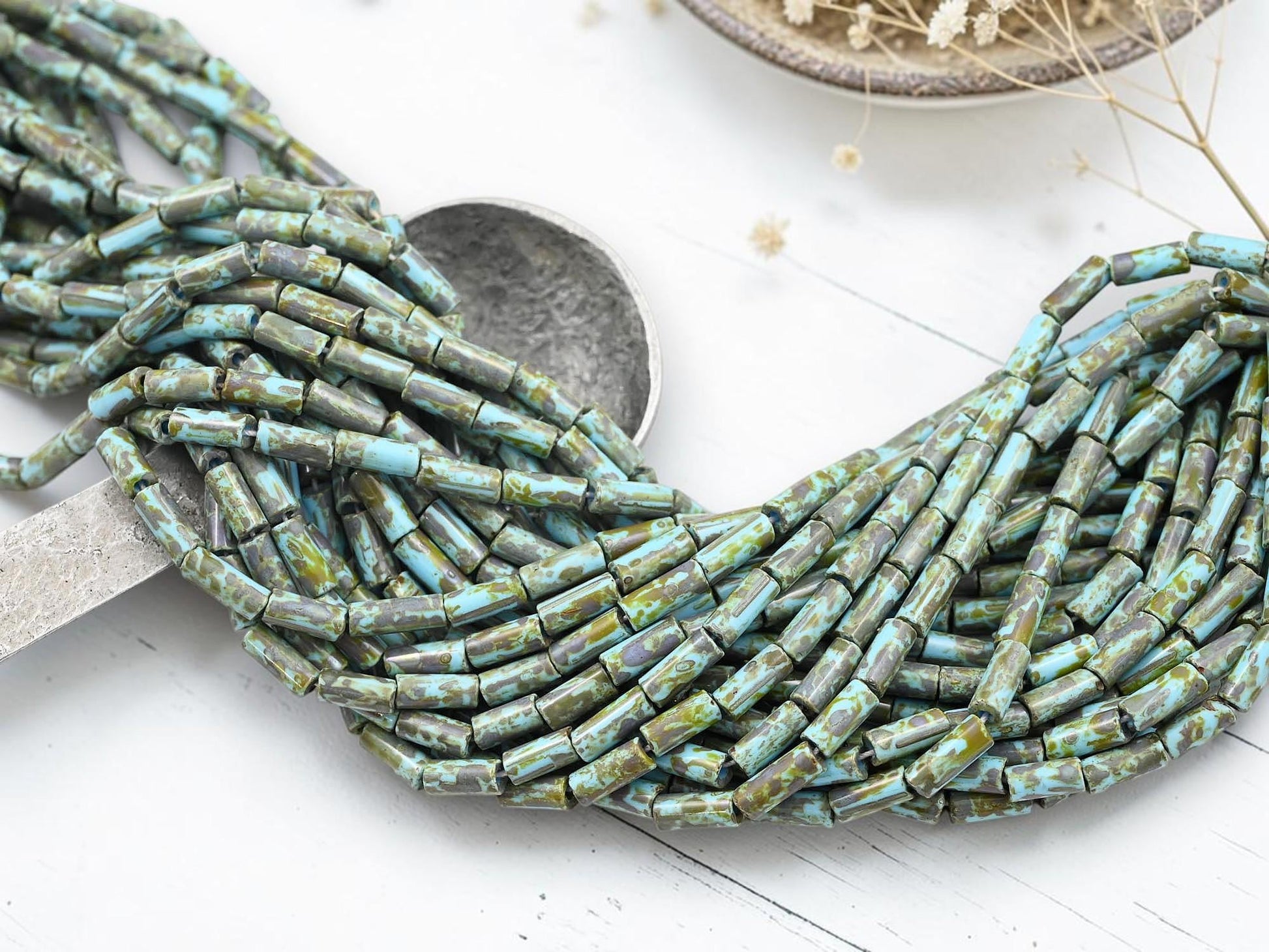 Aged Picasso Czech Glass Bugle Tube Beads - Blue Turquoise Picasso - 9x4mm - 20" Strand - (6180)
