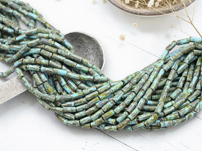 Aged Picasso Czech Glass Bugle Tube Beads - Blue Turquoise Picasso - 9x4mm - 20" Strand - (6180)