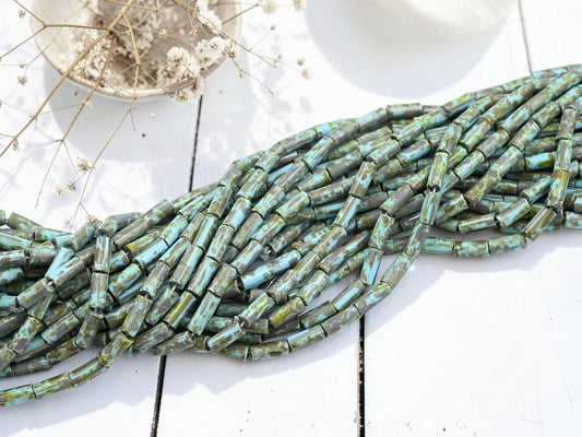Aged Picasso Czech Glass Bugle Tube Beads - Blue Turquoise Picasso - 9x4mm - 20" Strand - (6180)