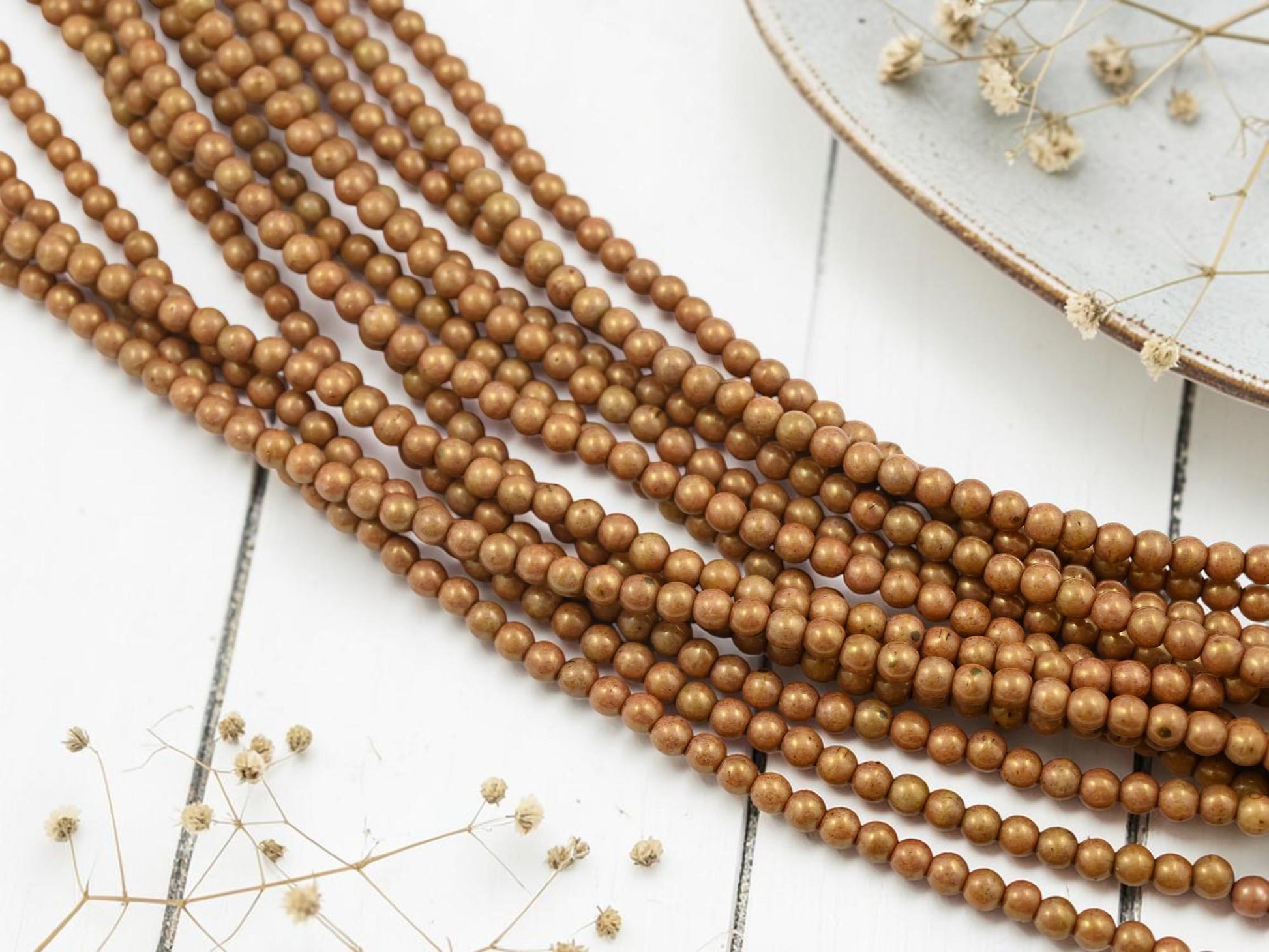 Czech Glass 4mm Round Druk Spacer Beads - Rose Gold Luster - 54pcs - (B197)