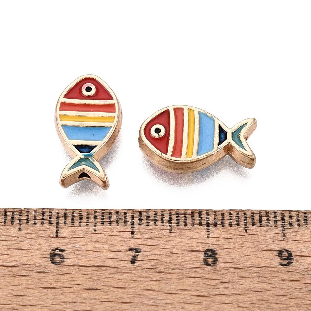 *10* 16x9mm Gold Tone Multicolor Enamel Fish Beads