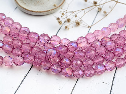 Old Stockj Czech Glass Faceted Fire Polished Round Beads - Violet Pink AB - 12mm - 17pcs - (B654)