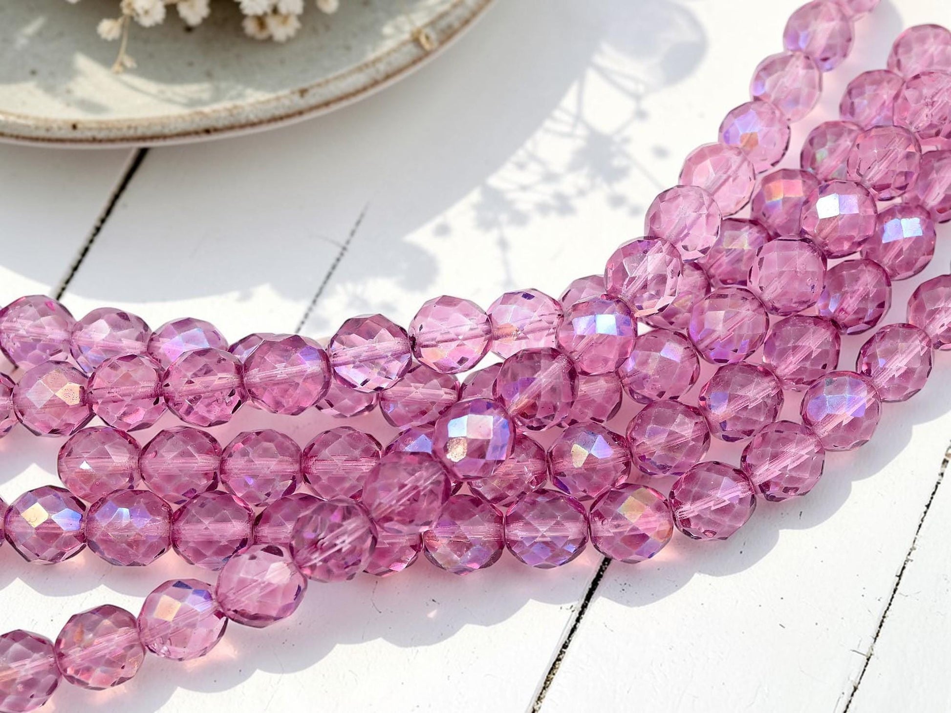 Old Stockj Czech Glass Faceted Fire Polished Round Beads - Violet Pink AB - 12mm - 17pcs - (B654)
