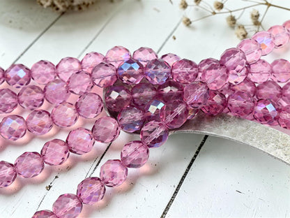 Old Stockj Czech Glass Faceted Fire Polished Round Beads - Violet Pink AB - 12mm - 17pcs - (B654)