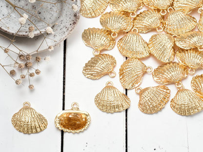 Metal Charms - Shell Charms - Gold Charms - Beach Charms - 18k Gold Plated - 14x15mm - 5pcs - (1878)