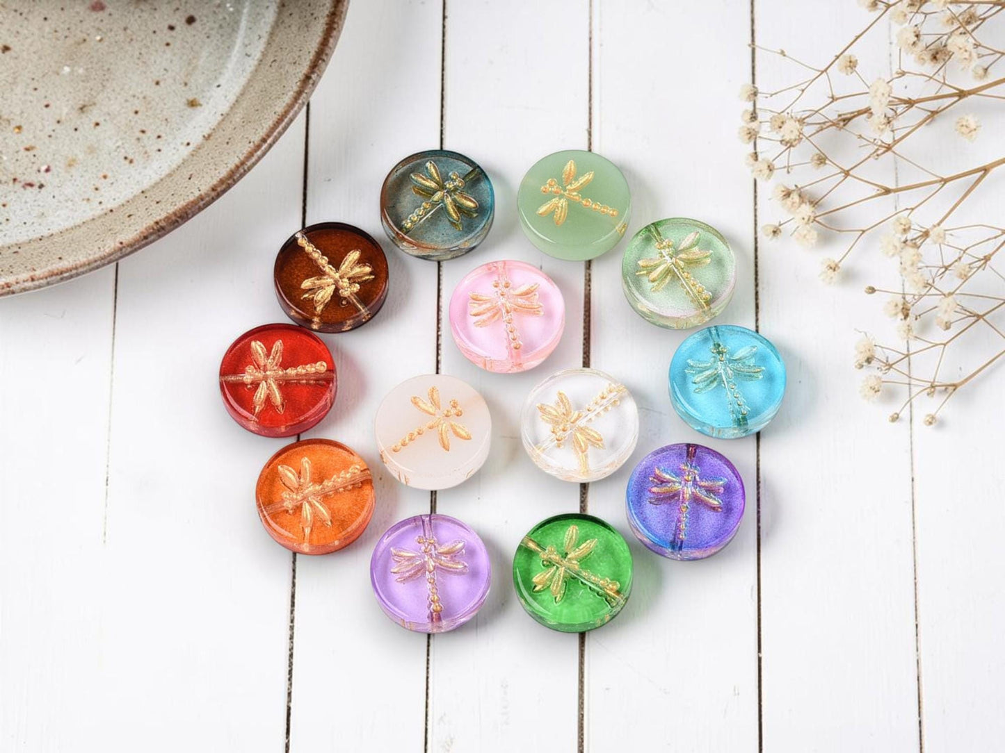 Glass Beads - Dragonfly Beads - Dragonfly Coin Beads - Dragonfly Pendant - 17mm - 10pcs - (B701)