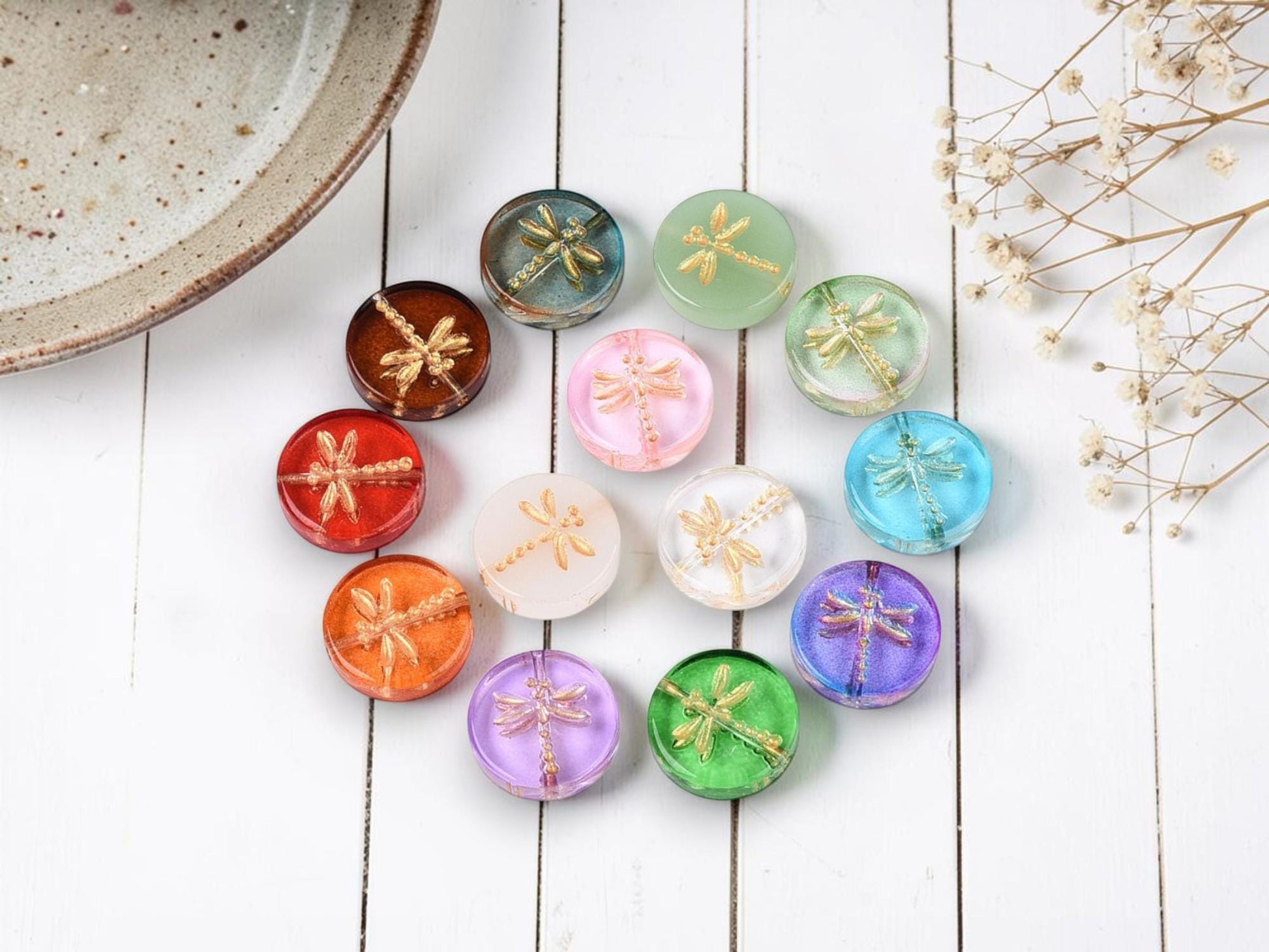 Glass Beads - Dragonfly Beads - Dragonfly Coin Beads - Dragonfly Pendant - 17mm - 10pcs - (B701)