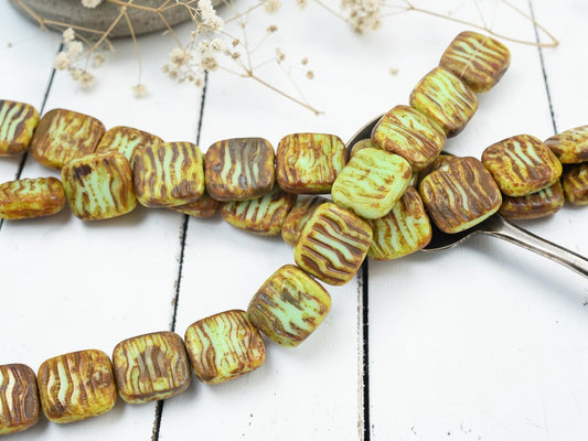 Vintage Czech Glass - Picasso Beads - Czech Glass Beads - Chunky Beads - Square Beads - 12pcs - 16mm - (2845)