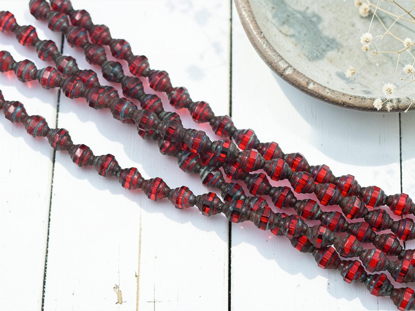 Old Stock Czech Glass Mini Turbine Beads - Siam Ruby Picasso - 7x6mm - 19pcs - (B641)