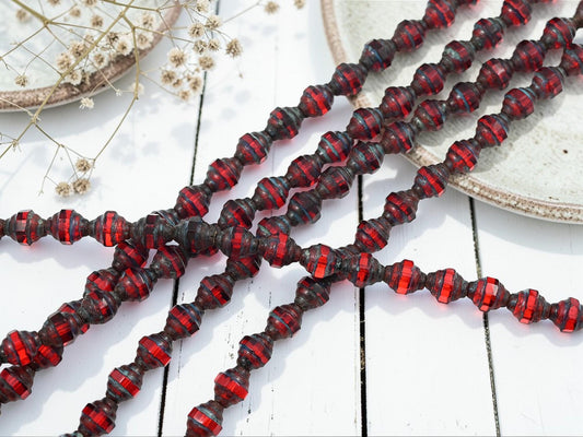 Old Stock Czech Glass Mini Turbine Beads - Siam Ruby Picasso - 7x6mm - 19pcs - (B641)