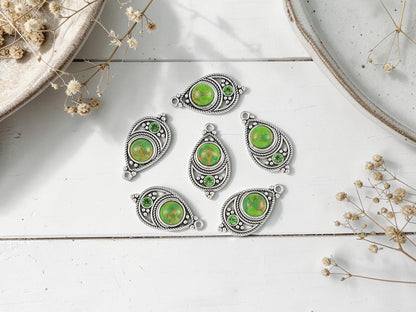 Antique Silver with Green Howlite + Rhinestone Metal Charm Pendants - 34x18mm - 2pcs - (2176)
