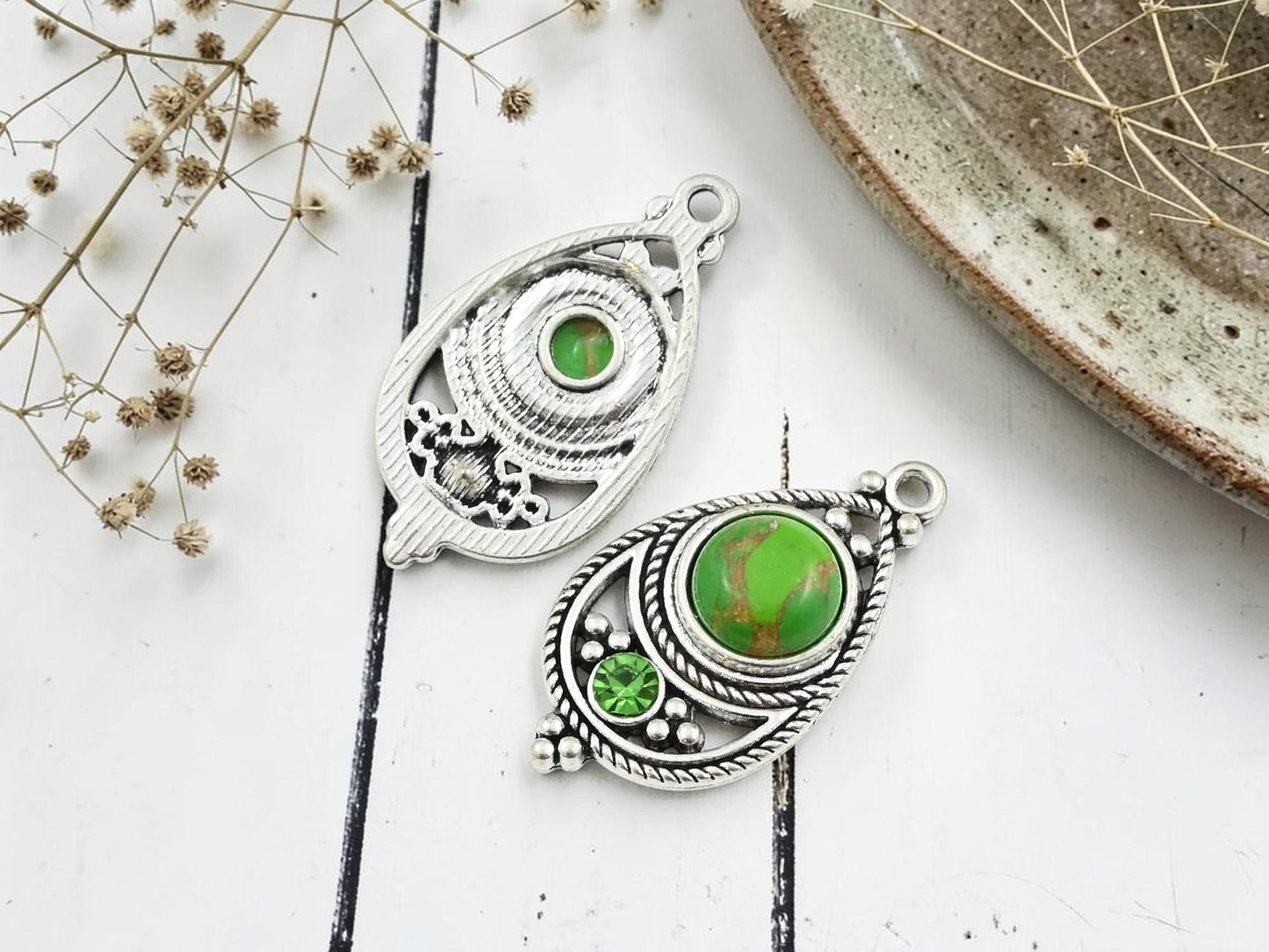 Antique Silver with Green Howlite + Rhinestone Metal Charm Pendants - 34x18mm - 2pcs - (2176)