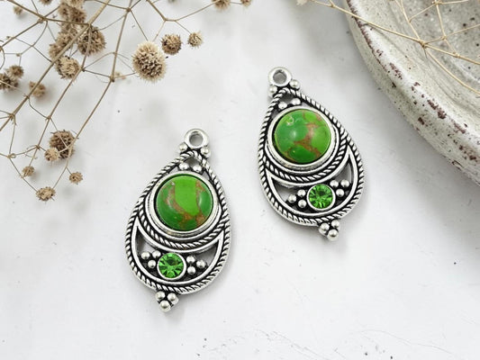 Antique Silver with Green Howlite + Rhinestone Metal Charm Pendants - 34x18mm - 2pcs - (2176)