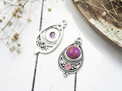 Antique Silver with Purple Howlite + Rhinestone Metal Charm Pendants - 34x18mm - 2pcs - (4744)