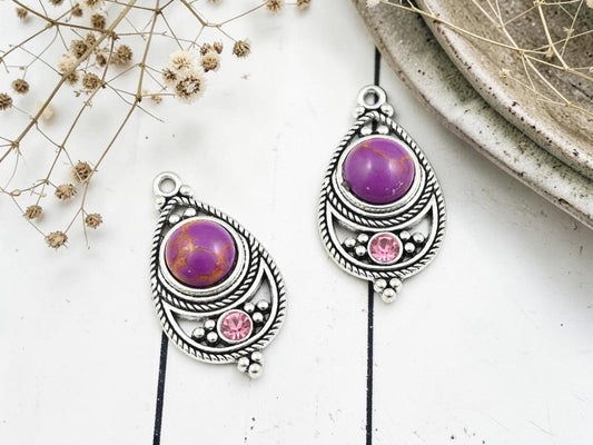 Antique Silver with Purple Howlite + Rhinestone Metal Charm Pendants - 34x18mm - 2pcs - (4744)