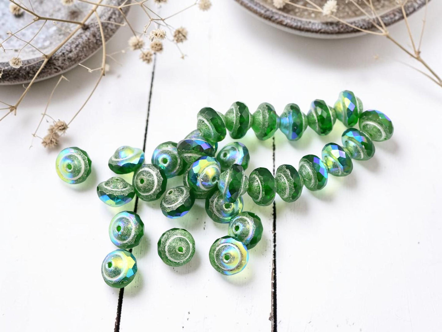 Czech Glass Saturn Beads - Emerald Green AB - 6x8mm - 15pcs - (6076)