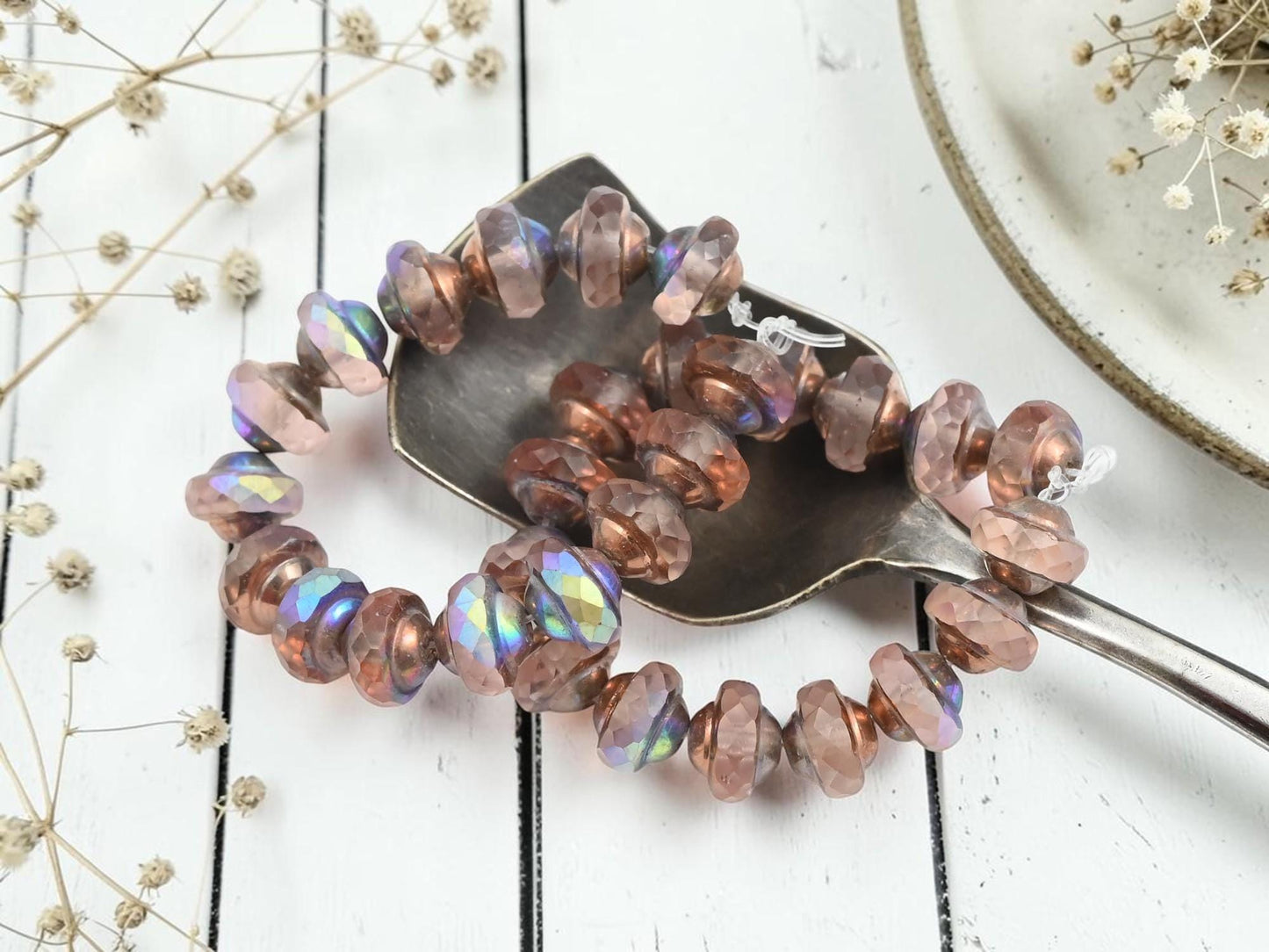 Czech Glass Saturn Beads - Copper AB Washed Pale Pink - 6x8mm - 15pcs - (1482)
