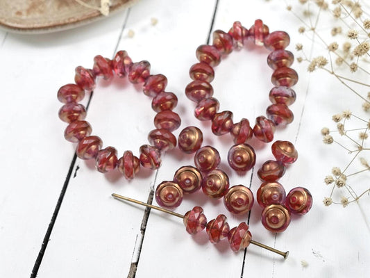Czech Glass Saturn Beads - Bronzed Crimson Jonquil - 6x8mm - 15pcs - (817)