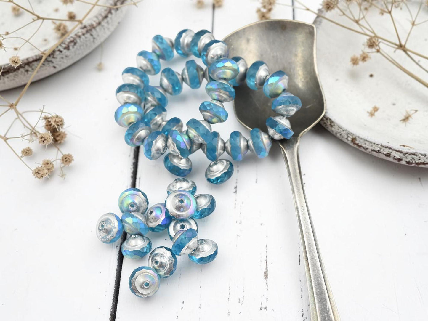 Czech Glass Saturn Beads - Silver Washed Blue Aqua - 6x8mm - 15pcs - (3541)
