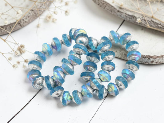 Czech Glass Saturn Beads - Silver Washed Blue Aqua - 6x8mm - 15pcs - (3541)