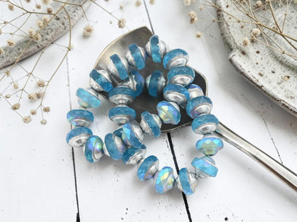 Czech Glass Saturn Beads - Silver Washed Blue Aqua - 6x8mm - 15pcs - (3541)