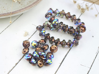 Czech Glass Saturn Beads - Bronze Washed Transparent Olive Green - 6x8mm - 15pcs - (5580)