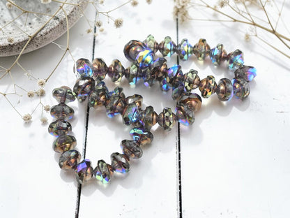 Czech Glass Saturn Beads - Bronze Washed Transparent Olive Green - 6x8mm - 15pcs - (5580)