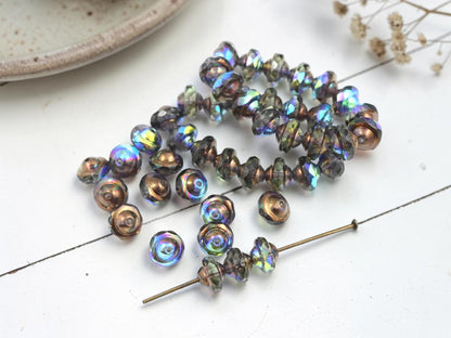 Czech Glass Saturn Beads - Bronze Washed Transparent Olive Green - 6x8mm - 15pcs - (5580)