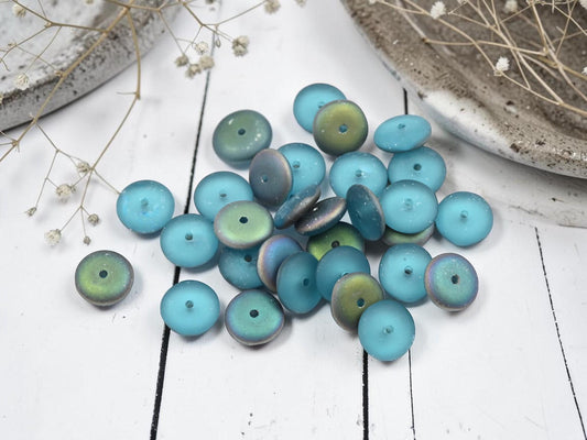Czech Glass Rondelle Spacer Beads - Frosted Aqua Vitrail - 8mm - 25pcs - (4656)