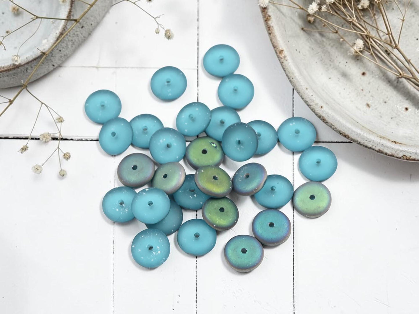Czech Glass Rondelle Spacer Beads - Frosted Aqua Vitrail - 8mm - 25pcs - (4656)