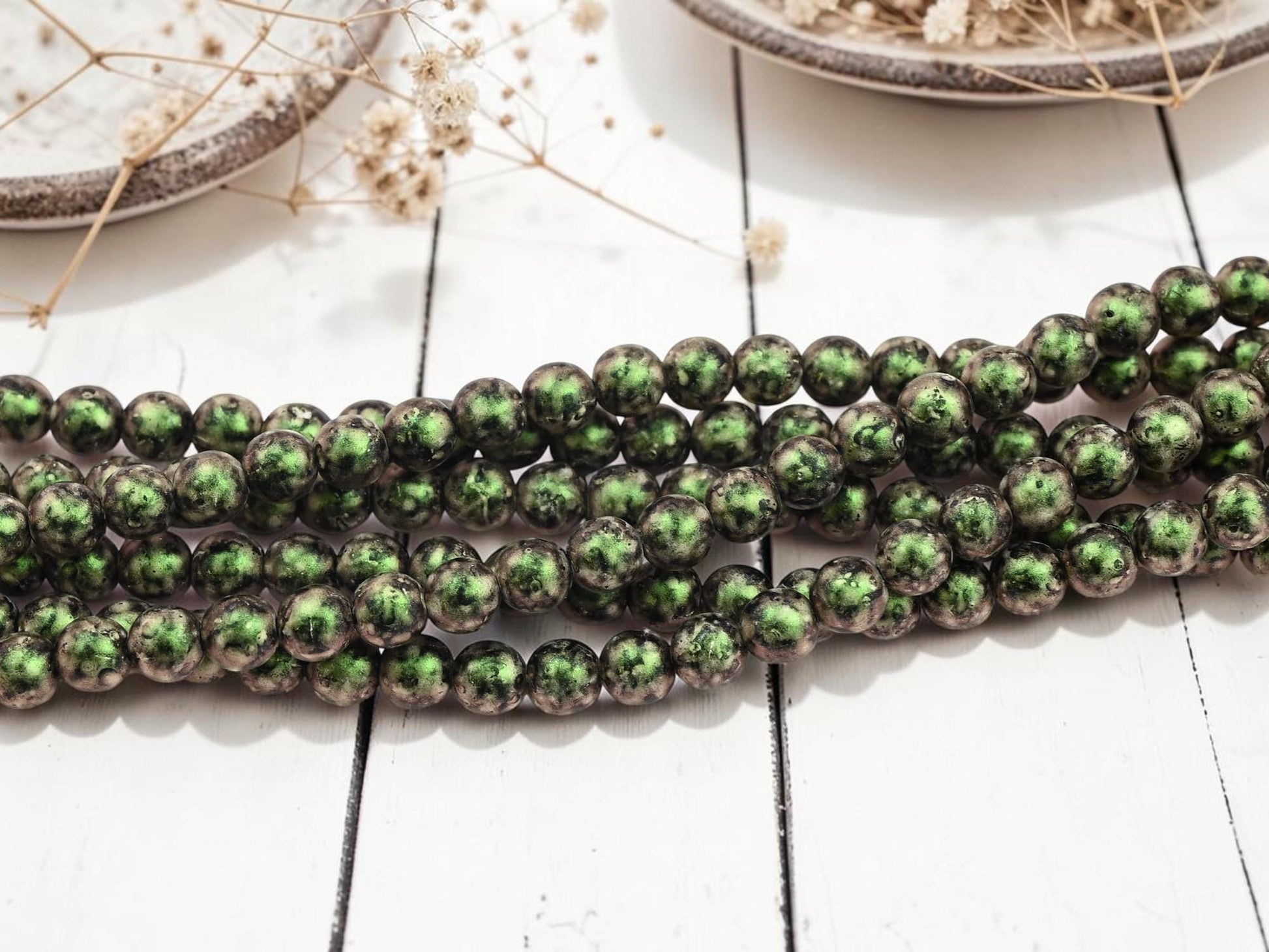 6mm Czech Glass Round Druk Beads - Olive Van Gogh - 25pcs - (2820)