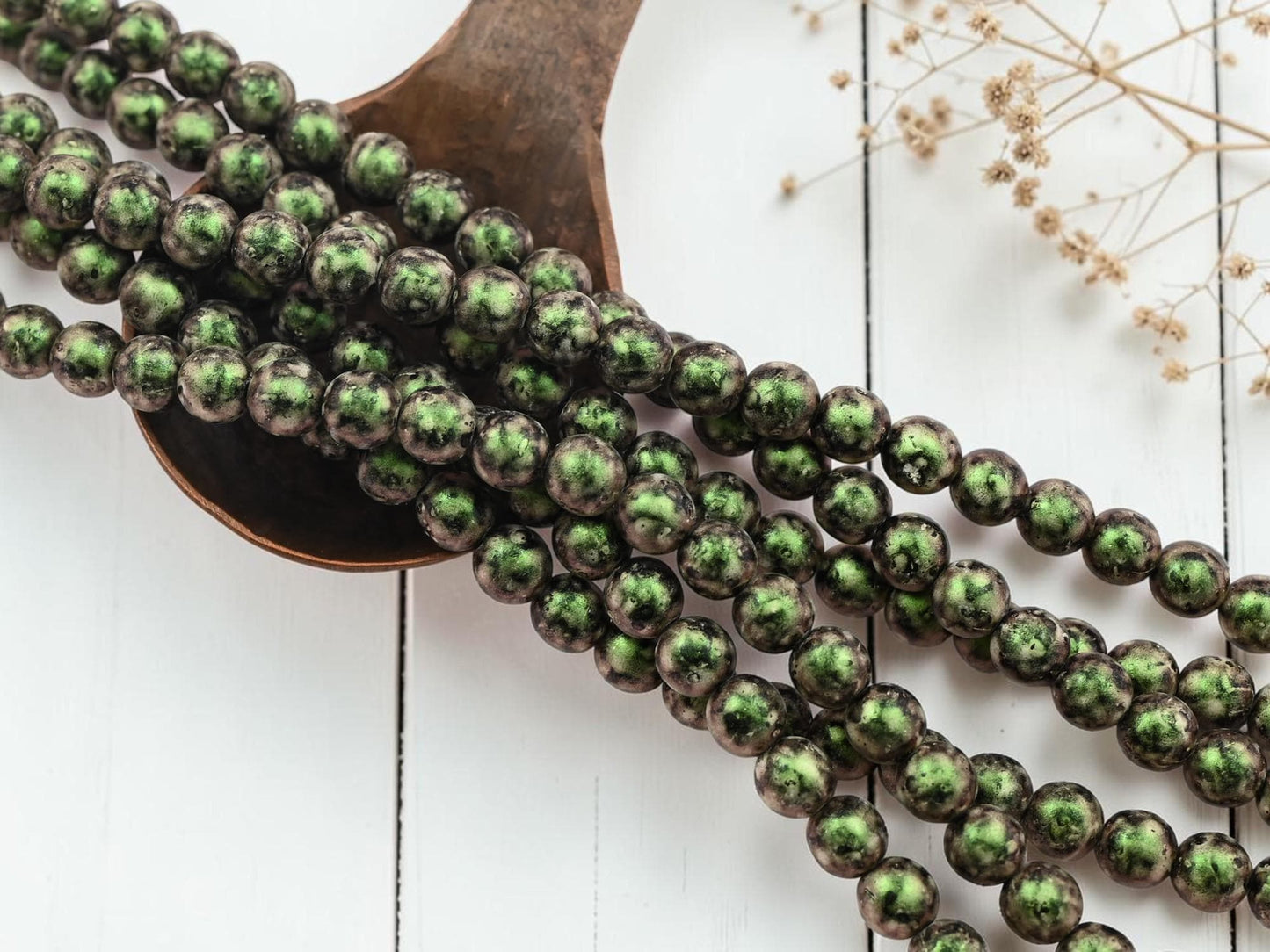 6mm Czech Glass Round Druk Beads - Olive Van Gogh - 25pcs - (2820)