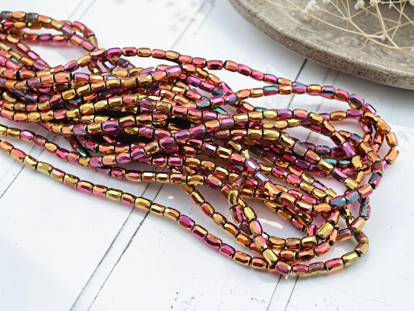 Electroplated Chinese Glass Faceted Tube Beads - Metallic Gold Iris - 4x6mm - 19" Strand - (B619)