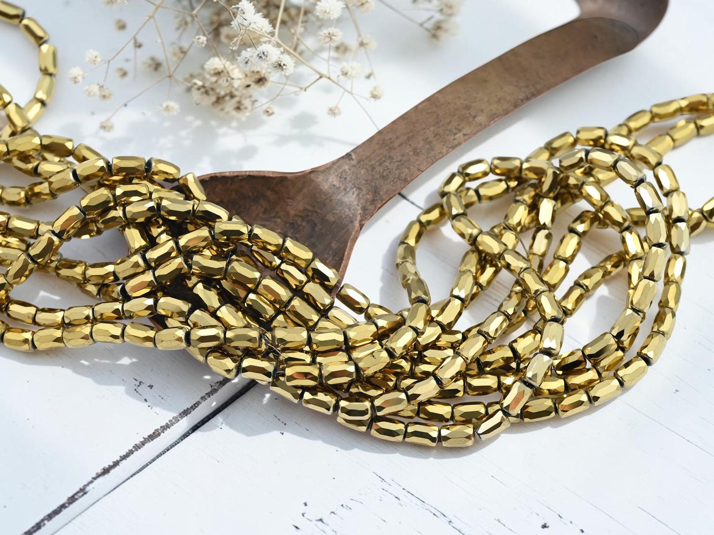 Electroplated Chinese Glass Faceted Tube Beads - Metallic Gold Iris - 4x6mm - 20" Strand - (B481)