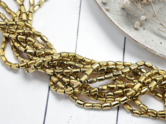 Electroplated Chinese Glass Faceted Tube Beads - Metallic Gold Iris - 4x6mm - 20" Strand - (B481)