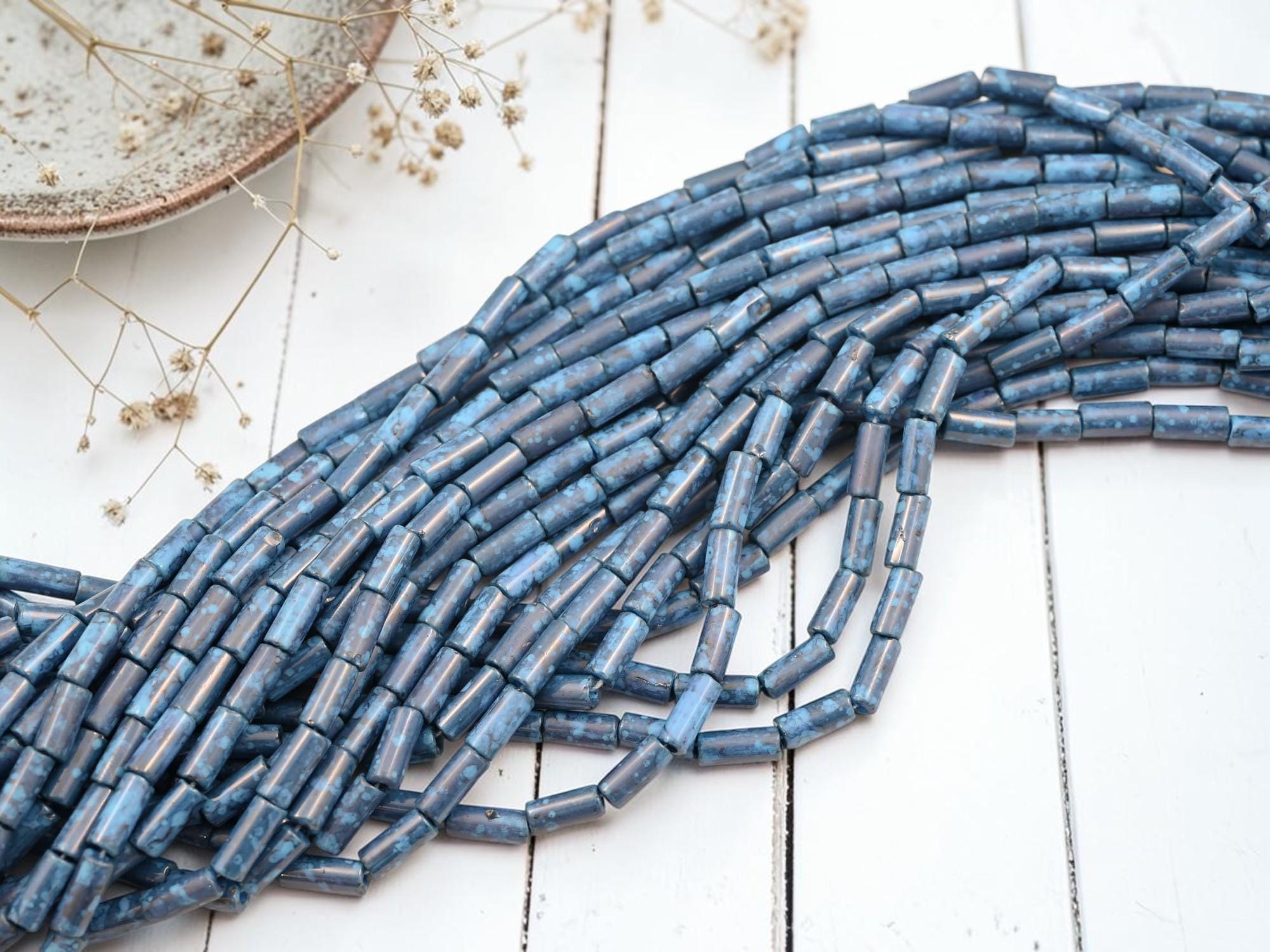 9x4mm Blue Turquoise Moon Dust Czech Bugle Beads (20