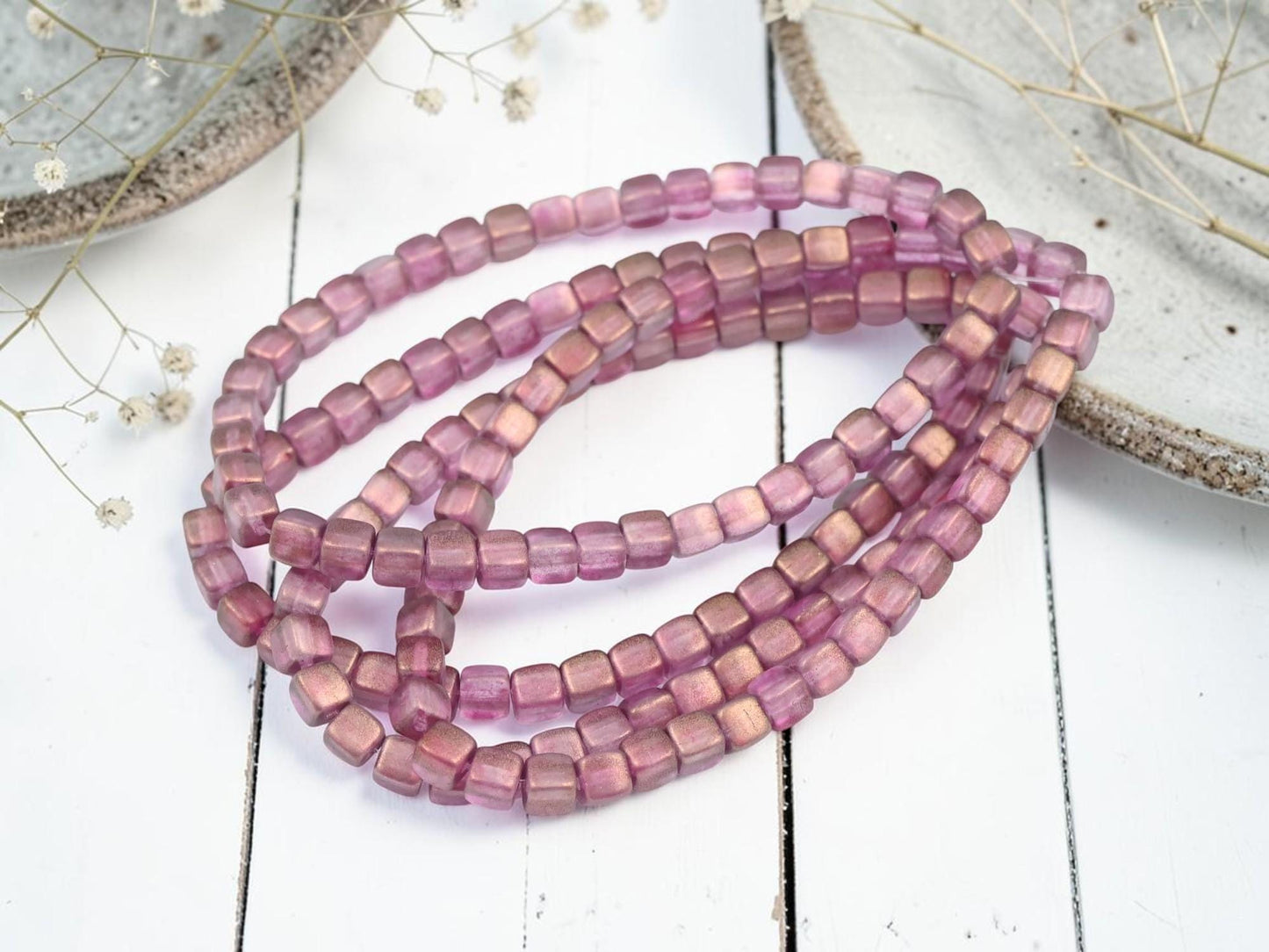 Czech Glass Cube Beads - Bronze Washed Pink Crystal - 4mm - 40pcs - (B532)