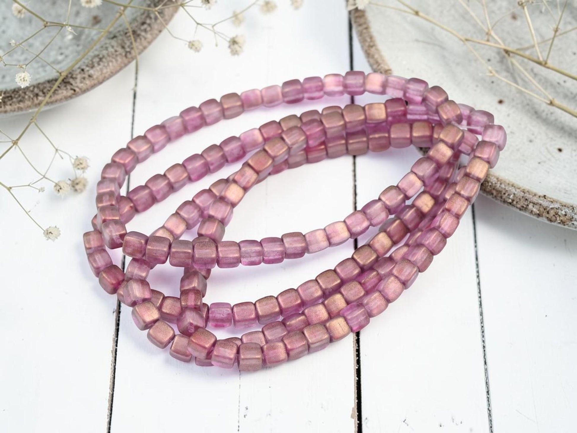 Czech Glass Cube Beads - Bronze Washed Pink Crystal - 4mm - 40pcs - (B532)