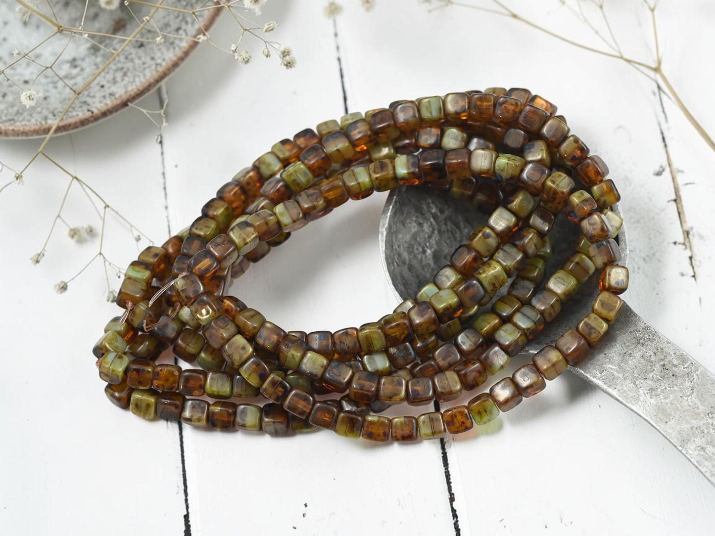 Czech Glass Cube Beads - Blended Topaz Turquoise Picasso - 4mm - 40pcs - (A65)